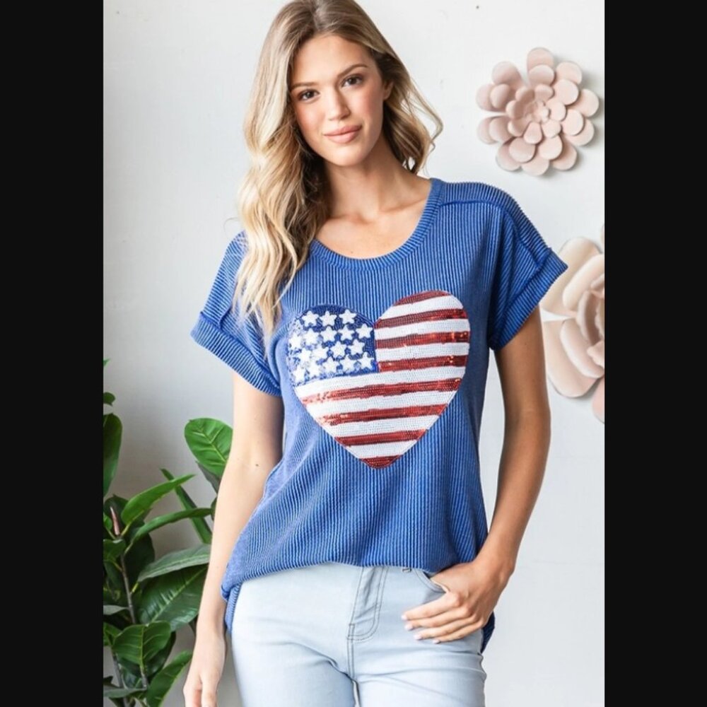 "Braveheart" HEIMISH Sequin Heart American Flag Blue Short Sleeve Ribbed Top